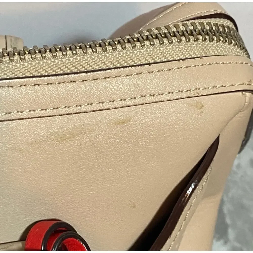 Coach Haley Light Nude Perforated Leather Top Handles Zipper Satchel Bag